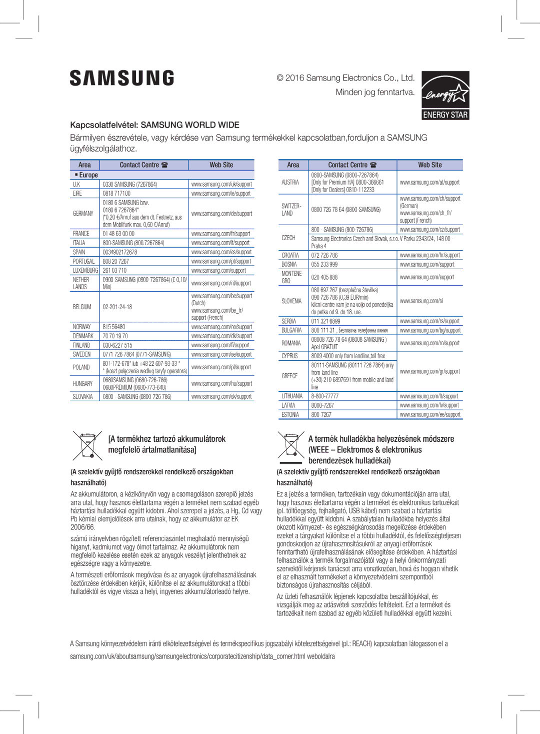 Samsung HW-K470/EN, HW-K470/XN manual Area Contact Centre  Web Site 