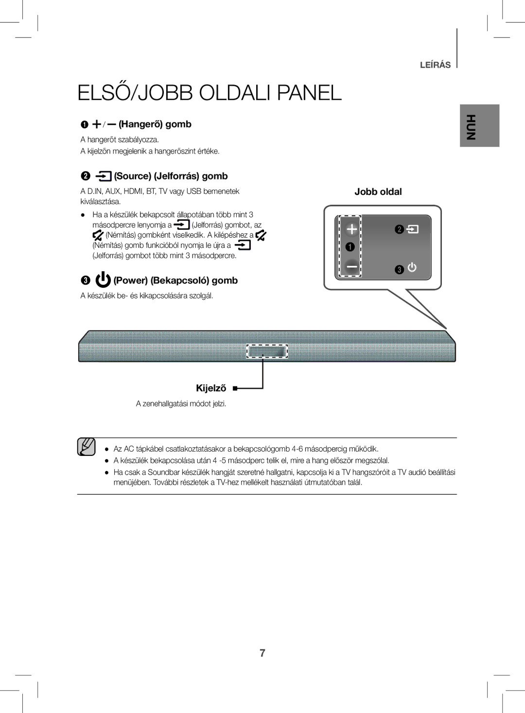 Samsung HW-K470/XN, HW-K470/EN manual ELSŐ/JOBB Oldali Panel, Készülék be- és kikapcsolására szolgál 