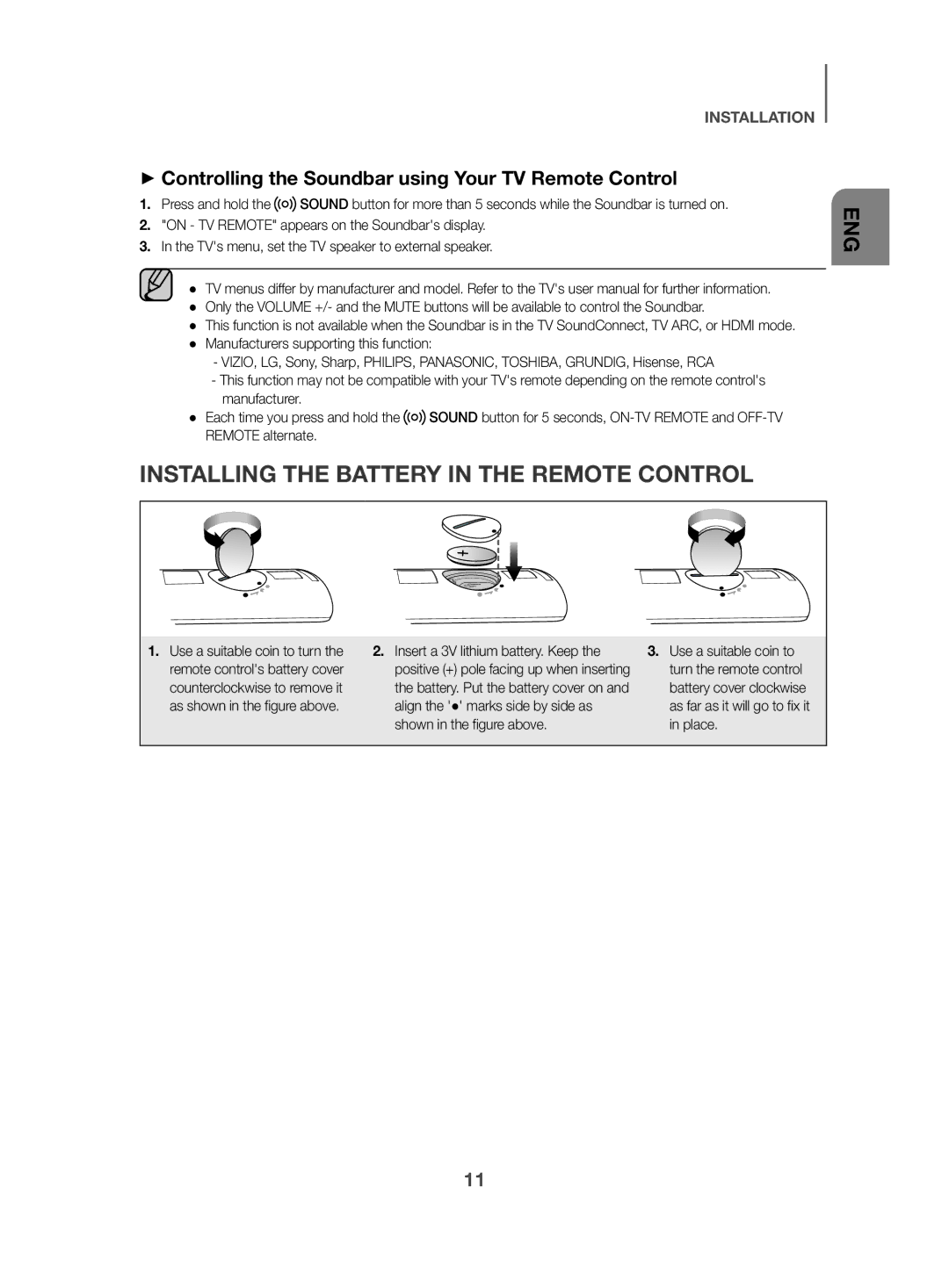 Samsung HW-K470/XN Installing the Battery in the Remote Control, ++Controlling the Soundbar using Your TV Remote Control 