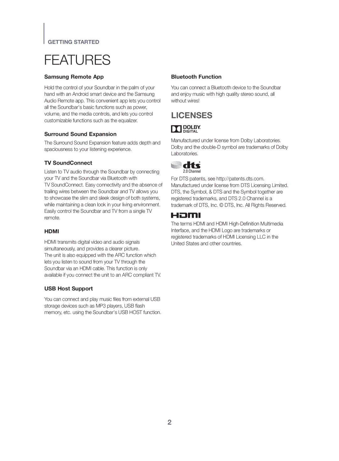 Samsung HW-K470/XN, HW-K470/EN, HW-K470/ZF manual Features, Licenses 