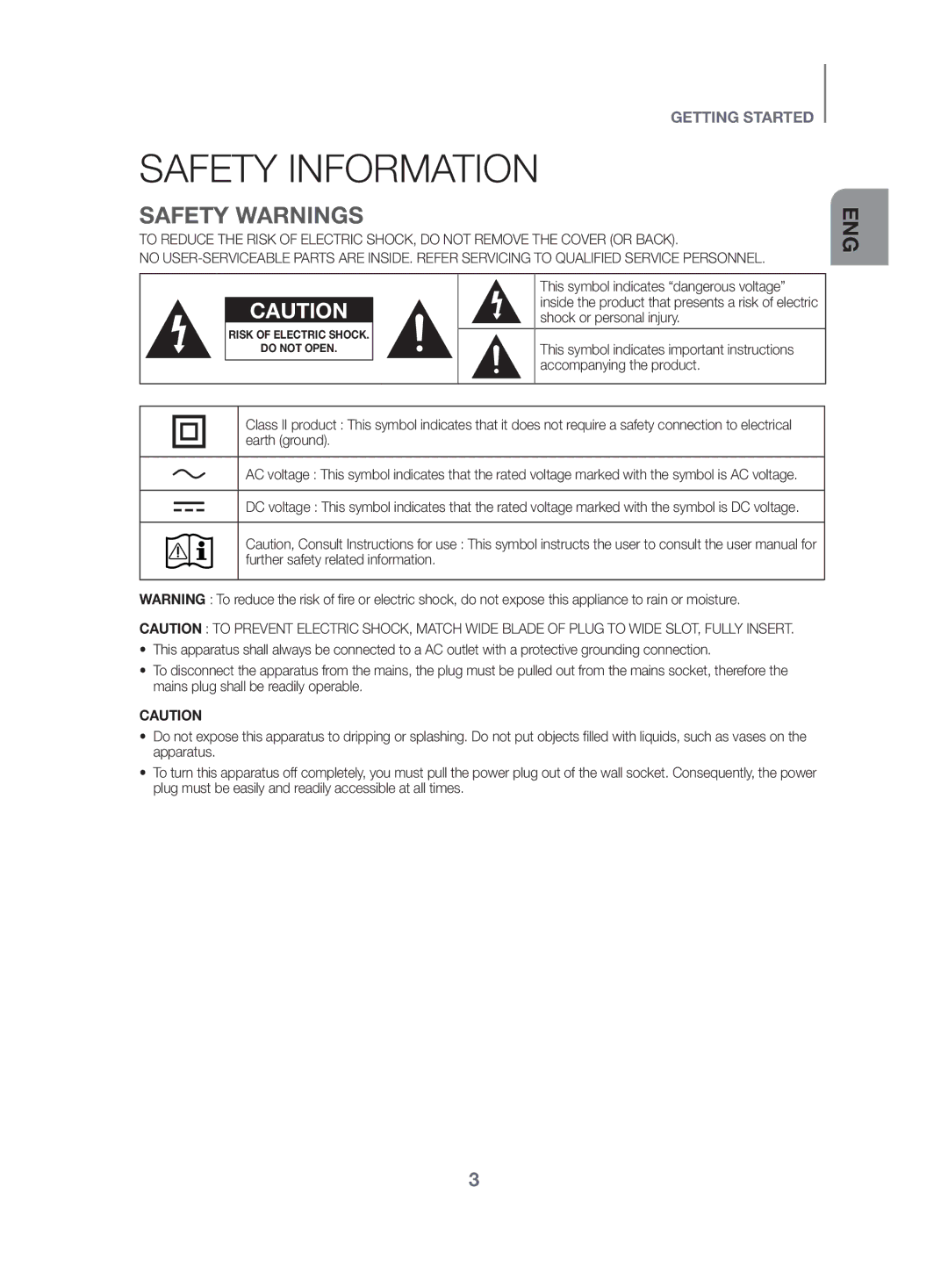 Samsung HW-K470/EN, HW-K470/ZF Safety Information, Safety Warnings, Shock or personal injury, Accompanying the product 