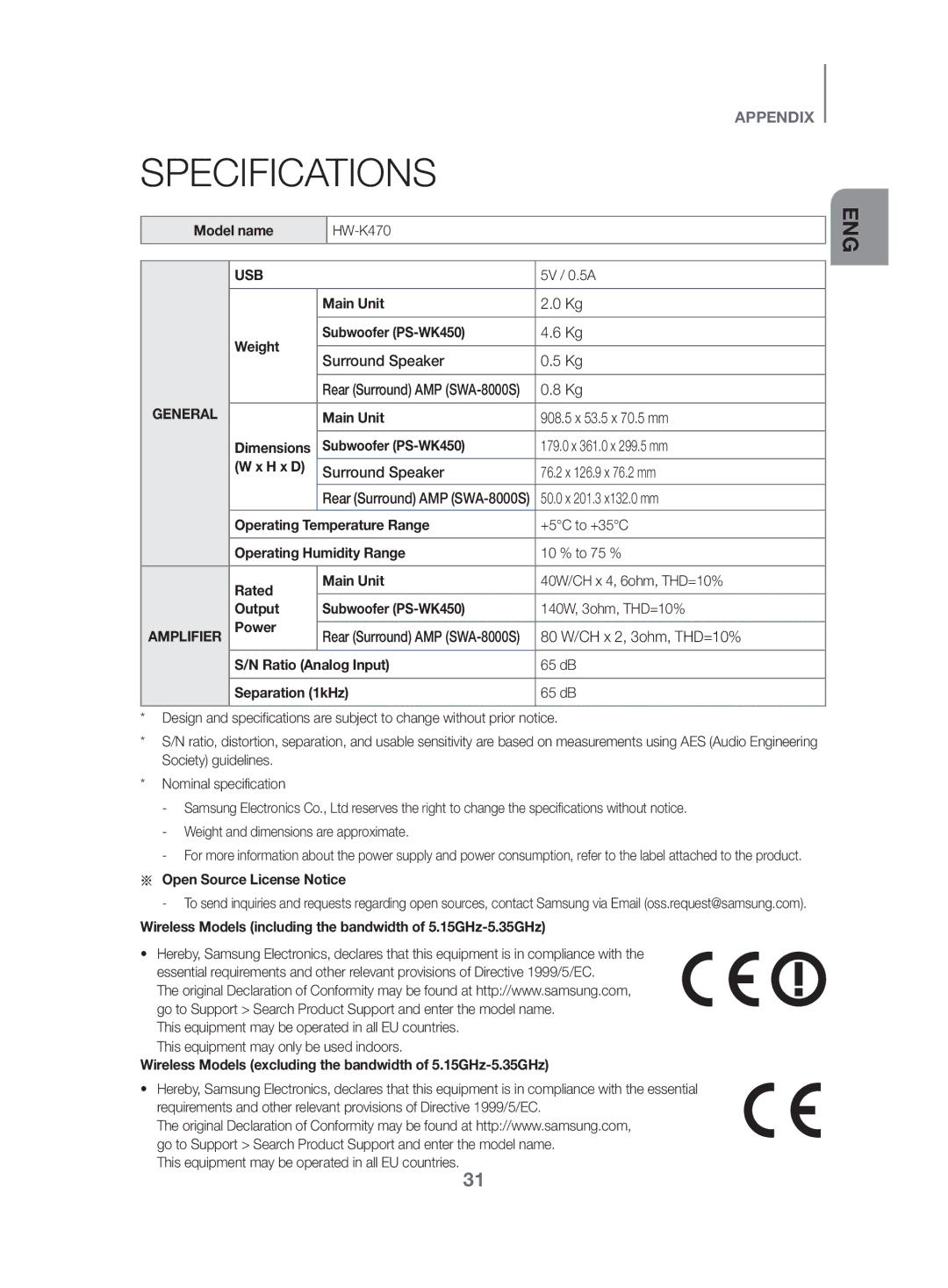 Samsung HW-K470/ZF, HW-K470/EN, HW-K470/XN manual Specifications 