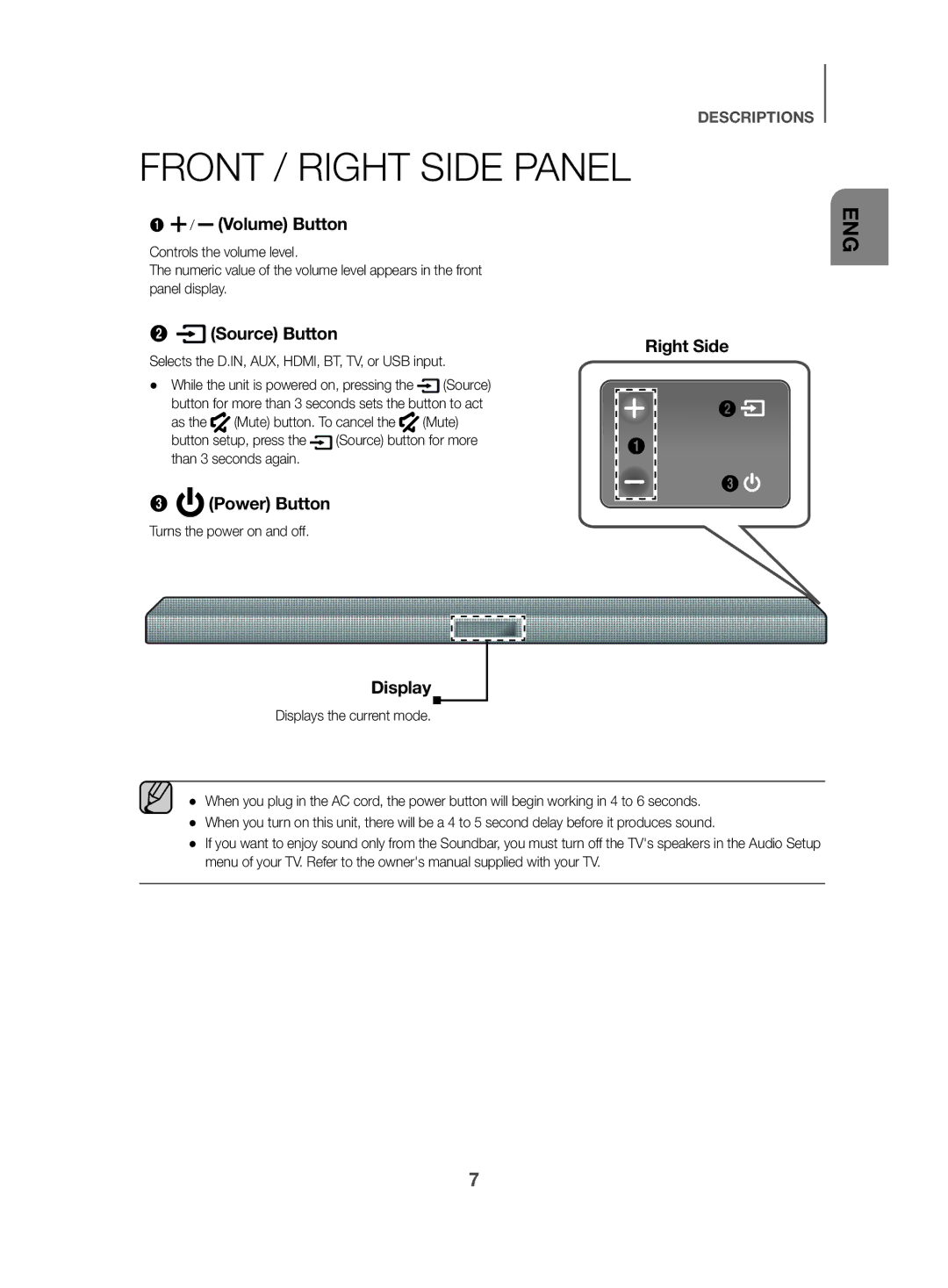 Samsung HW-K470/ZF, HW-K470/EN, HW-K470/XN manual Front / Right Side Panel, Volume Button 