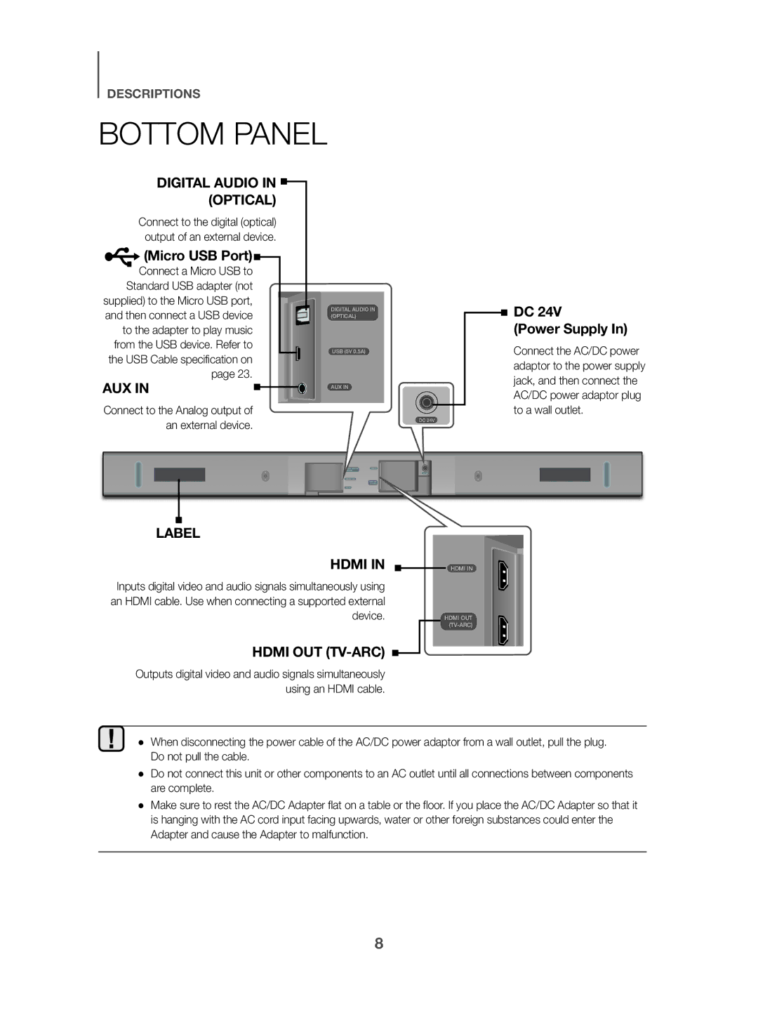 Samsung HW-K470/XN, HW-K470/EN, HW-K470/ZF manual Bottom Panel, Device, Using an Hdmi cable 