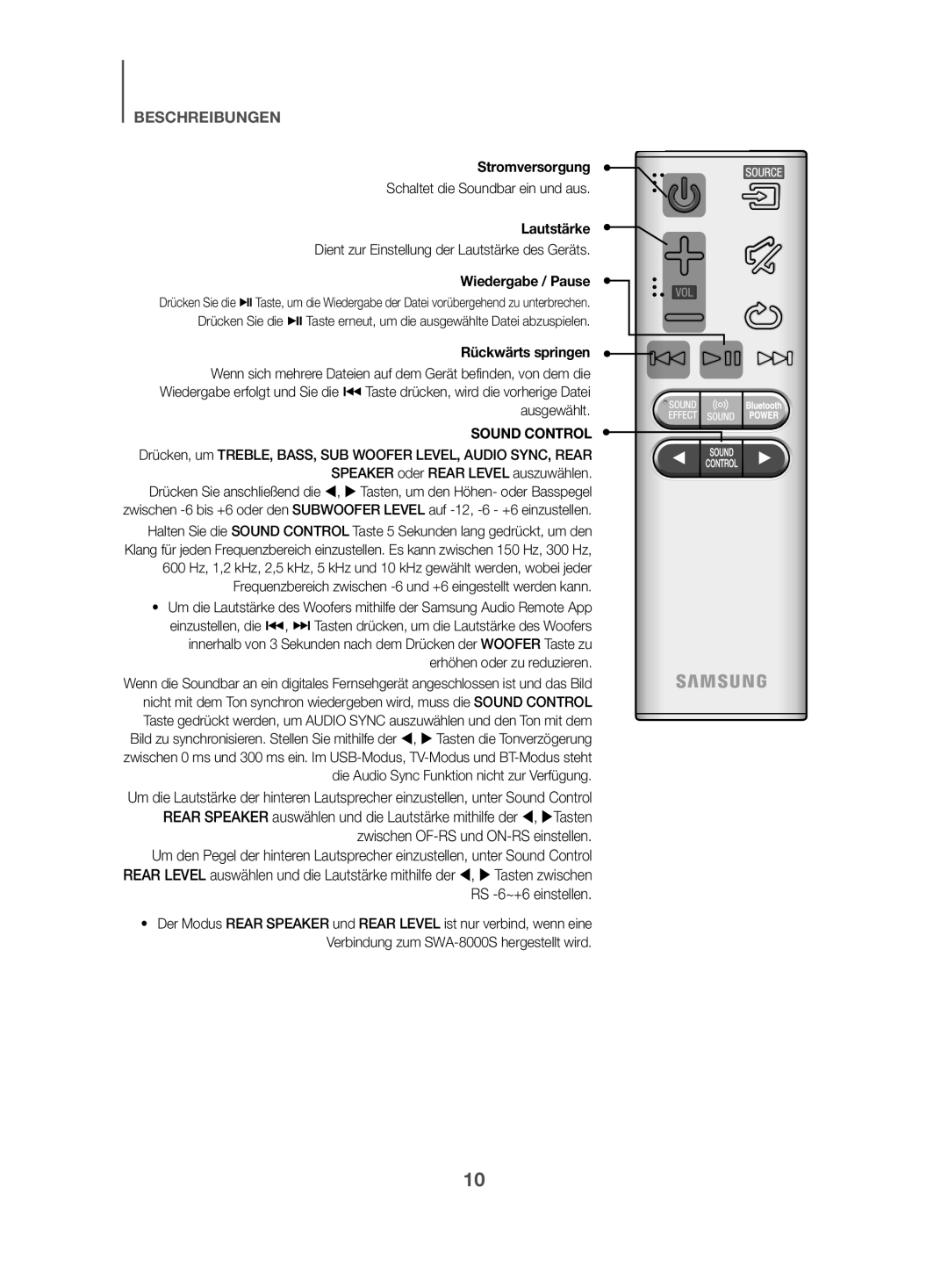 Samsung HW-K470/EN, HW-K470/ZF manual Stromversorgung, Lautstärke, Wiedergabe / Pause, Rückwärts springen 