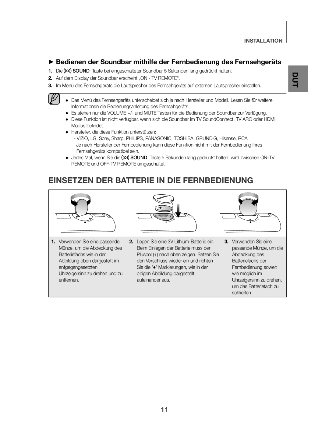 Samsung HW-K470/ZF, HW-K470/EN manual Einsetzen DER Batterie in DIE Fernbedienung 