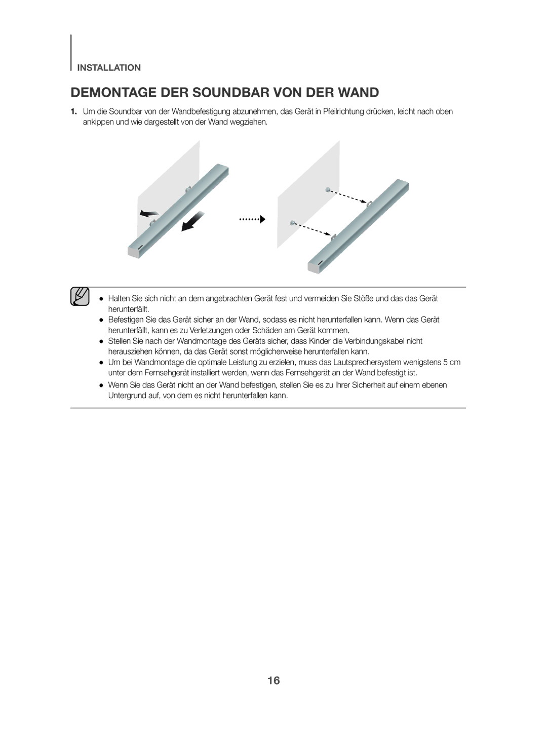 Samsung HW-K470/EN, HW-K470/ZF manual Demontage DER Soundbar VON DER Wand 