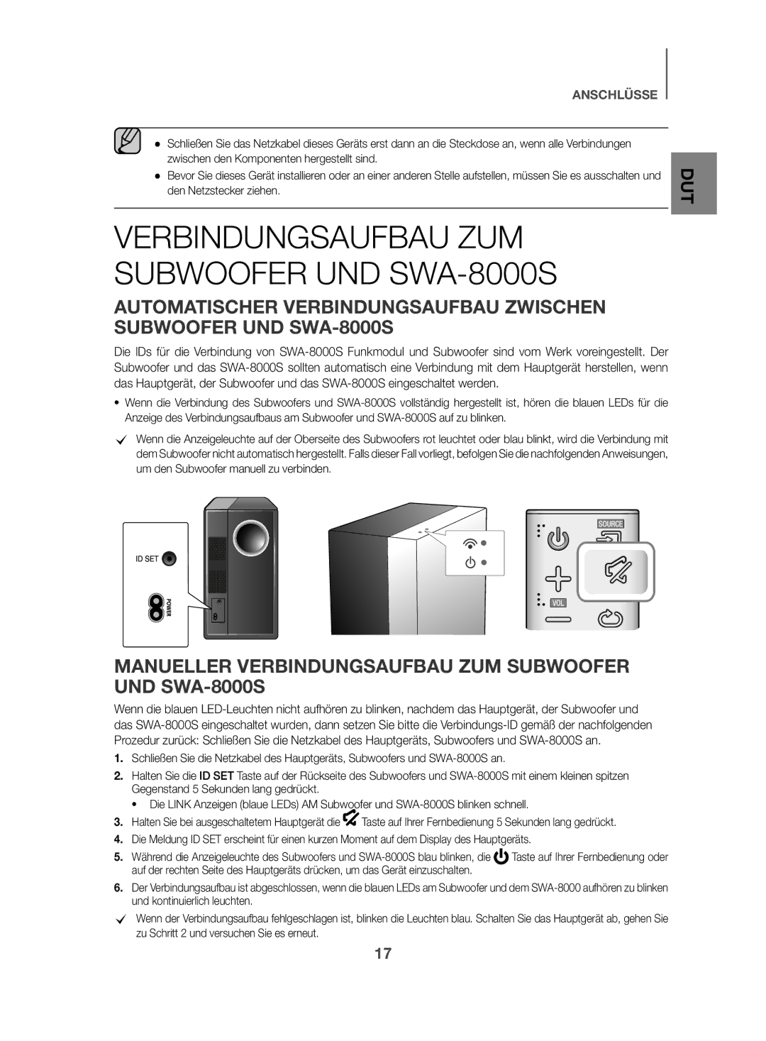 Samsung HW-K470/ZF, HW-K470/EN manual Manueller Verbindungsaufbau ZUM Subwoofer UND SWA-8000S, Anschlüsse 