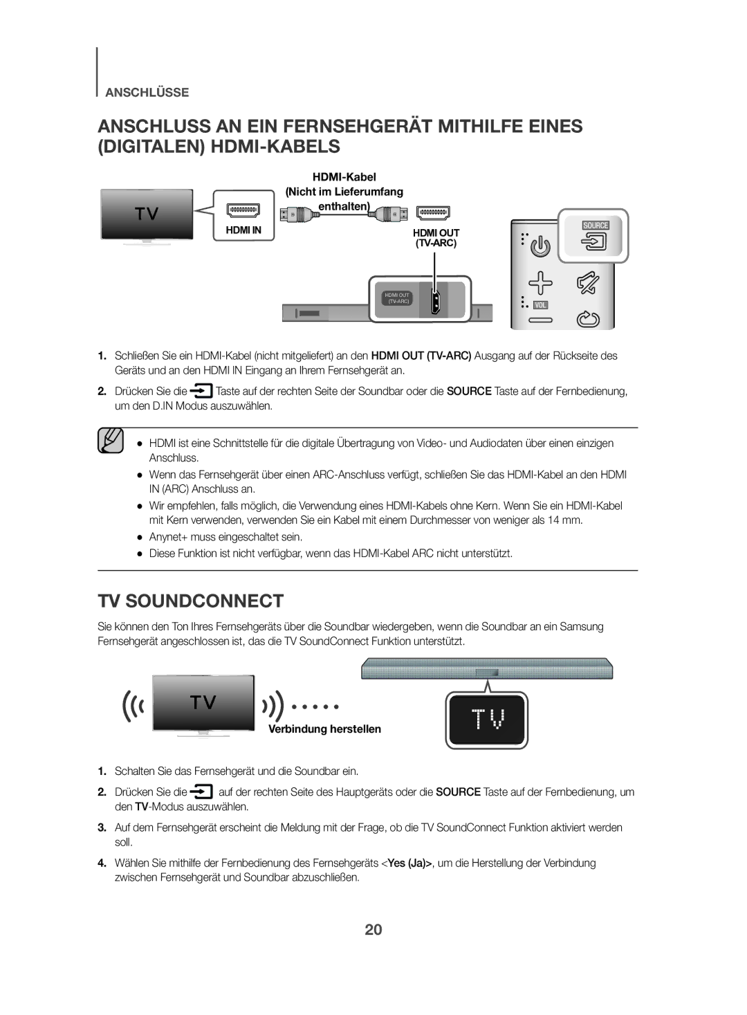 Samsung HW-K470/EN, HW-K470/ZF manual TV Soundconnect, HDMI-Kabel Nicht im Lieferumfang Enthalten, Verbindung herstellen 