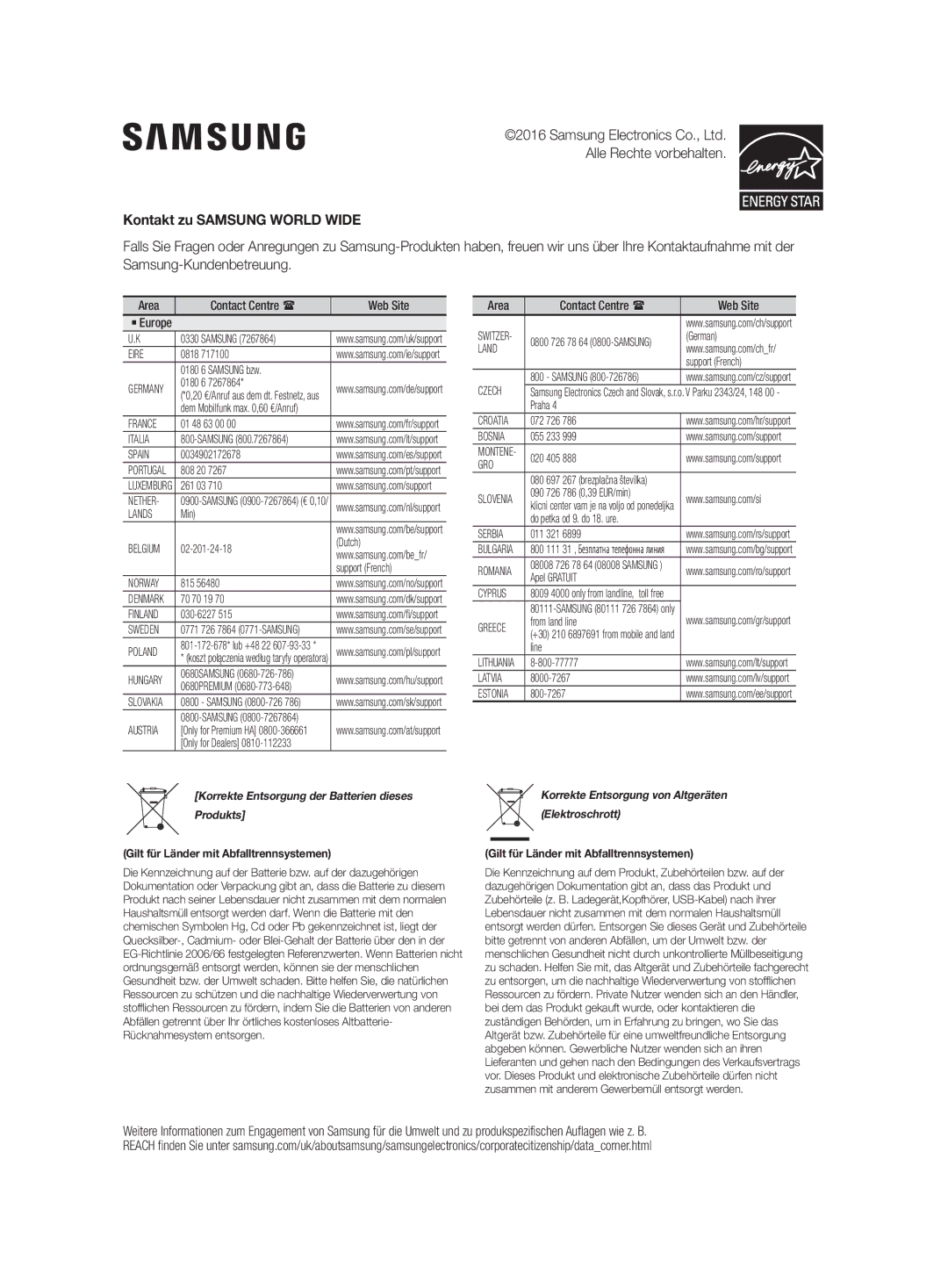 Samsung HW-K470/EN, HW-K470/ZF manual Kontakt zu Samsung World Wide, Area Contact Centre  Web Site 