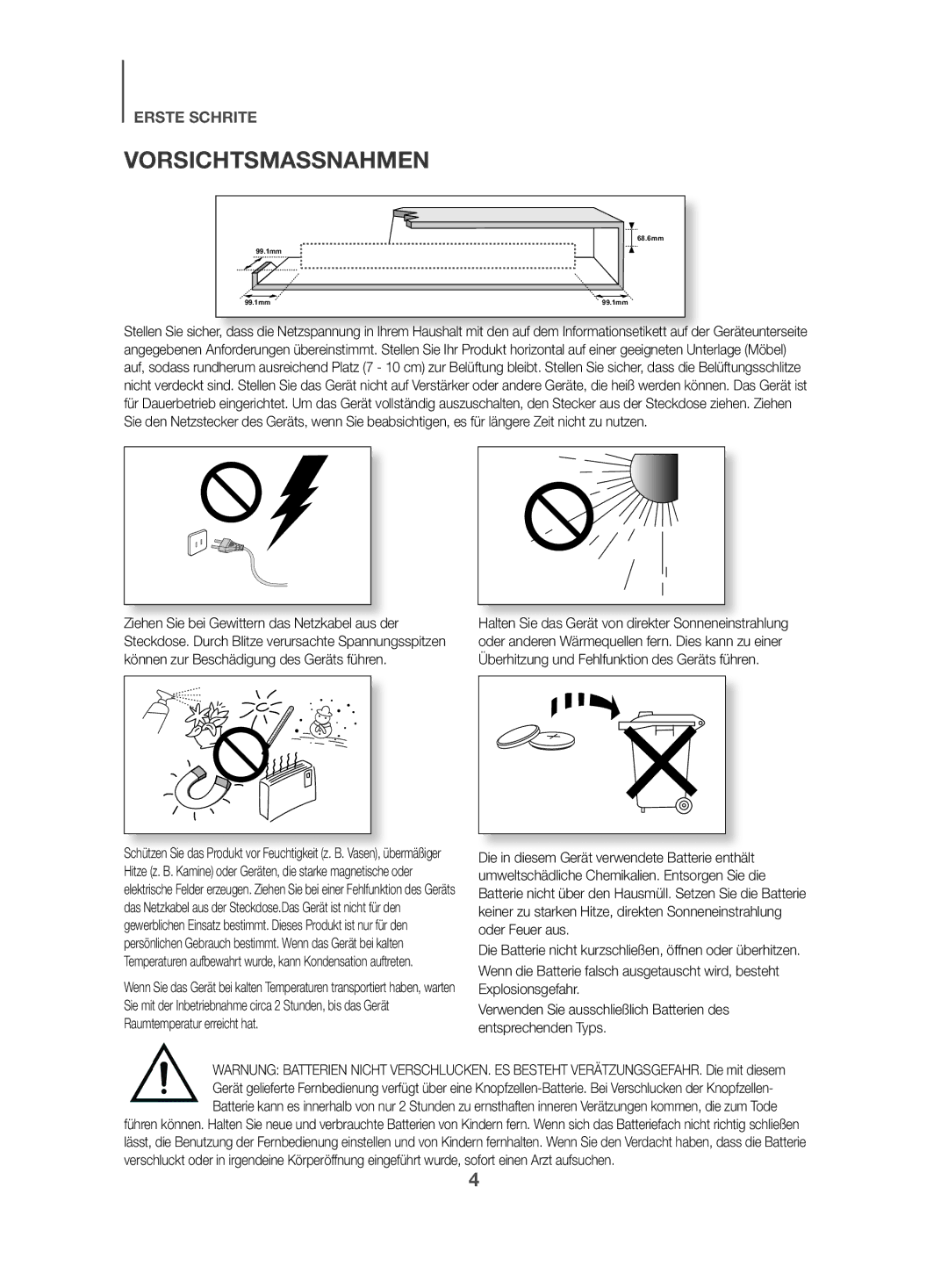 Samsung HW-K470/EN, HW-K470/ZF manual Vorsichtsmassnahmen 