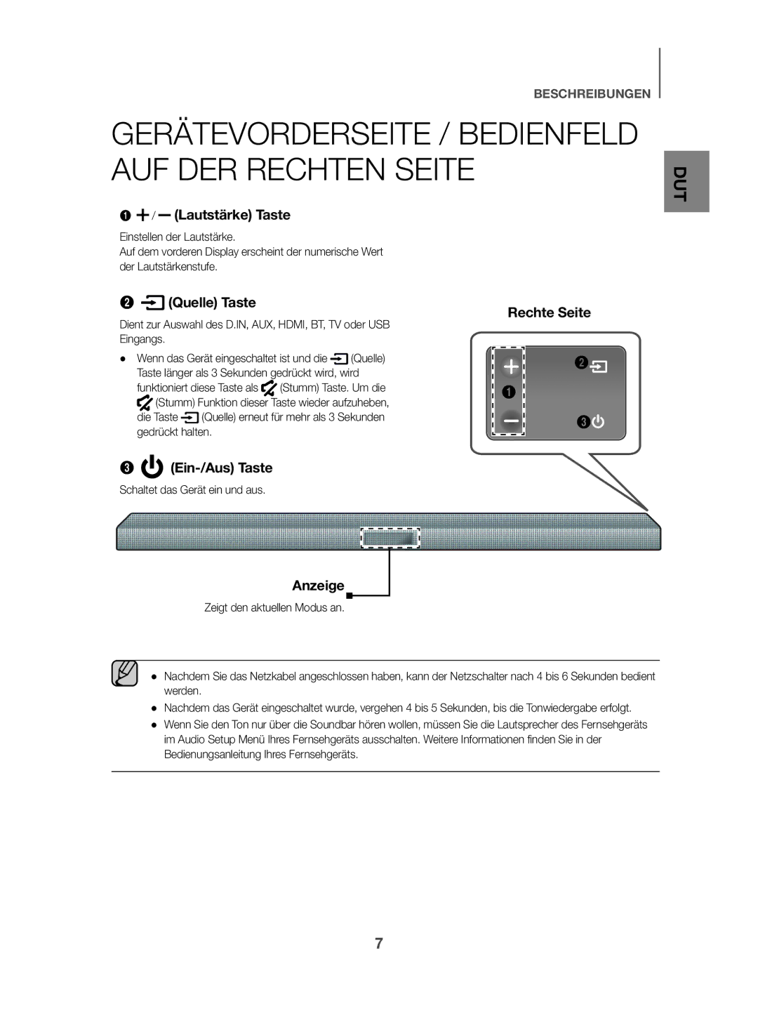 Samsung HW-K470/ZF, HW-K470/EN manual Gerätevorderseite / Bedienfeld AUF DER Rechten Seite 