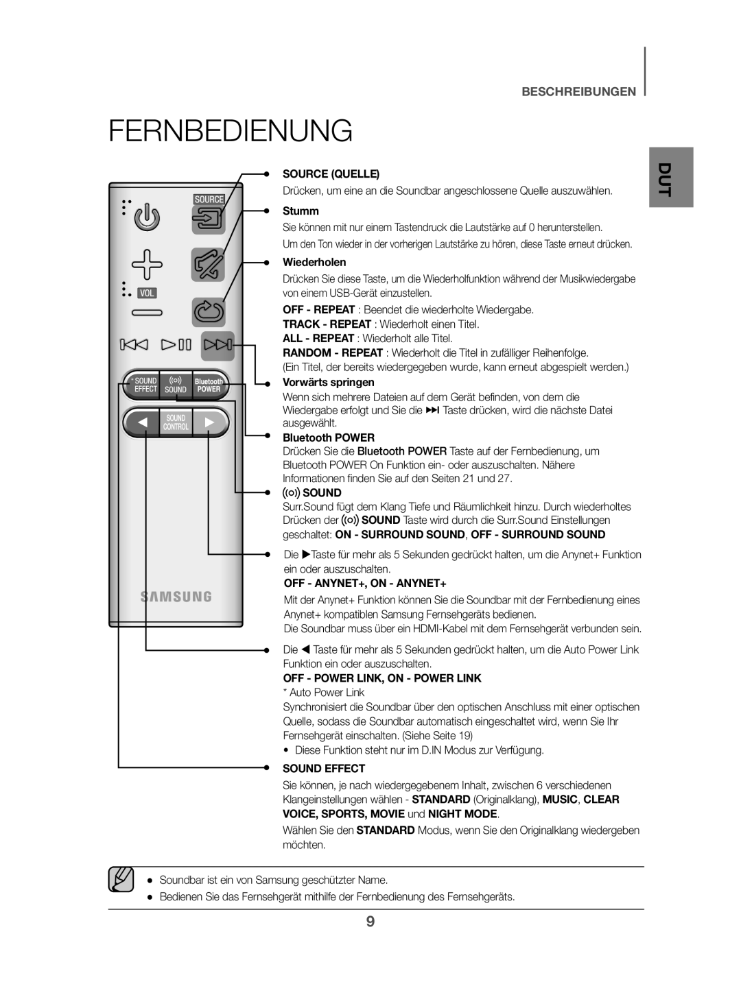 Samsung HW-K470/ZF, HW-K470/EN manual Fernbedienung, Stumm, Wiederholen, Vorwärts springen, Bluetooth Power 