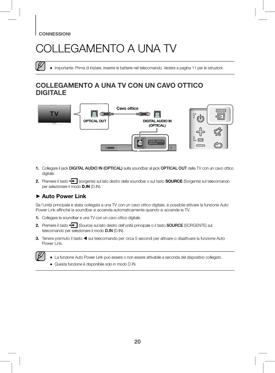 Samsung HW-K470/EN manual Collegamento a UNA TV CON UN Cavo Ottico Digitale, ++Auto Power Link 