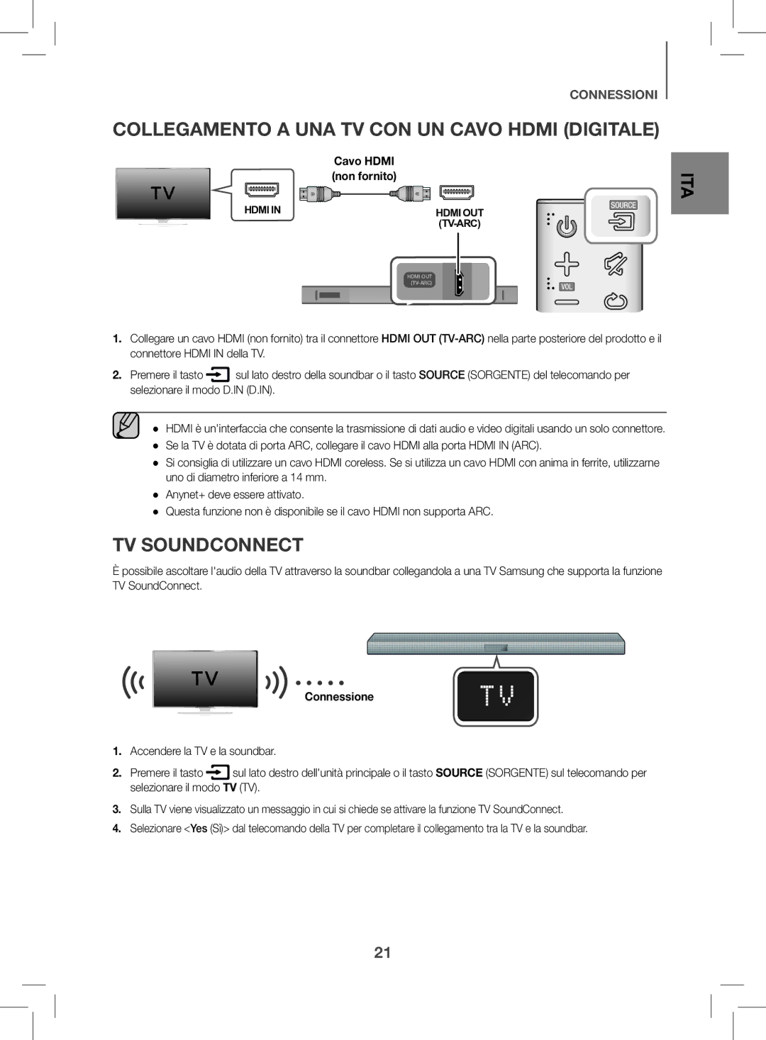 Samsung HW-K470/EN manual Collegamento a UNA TV CON UN Cavo Hdmi Digitale, TV Soundconnect, Connessione 