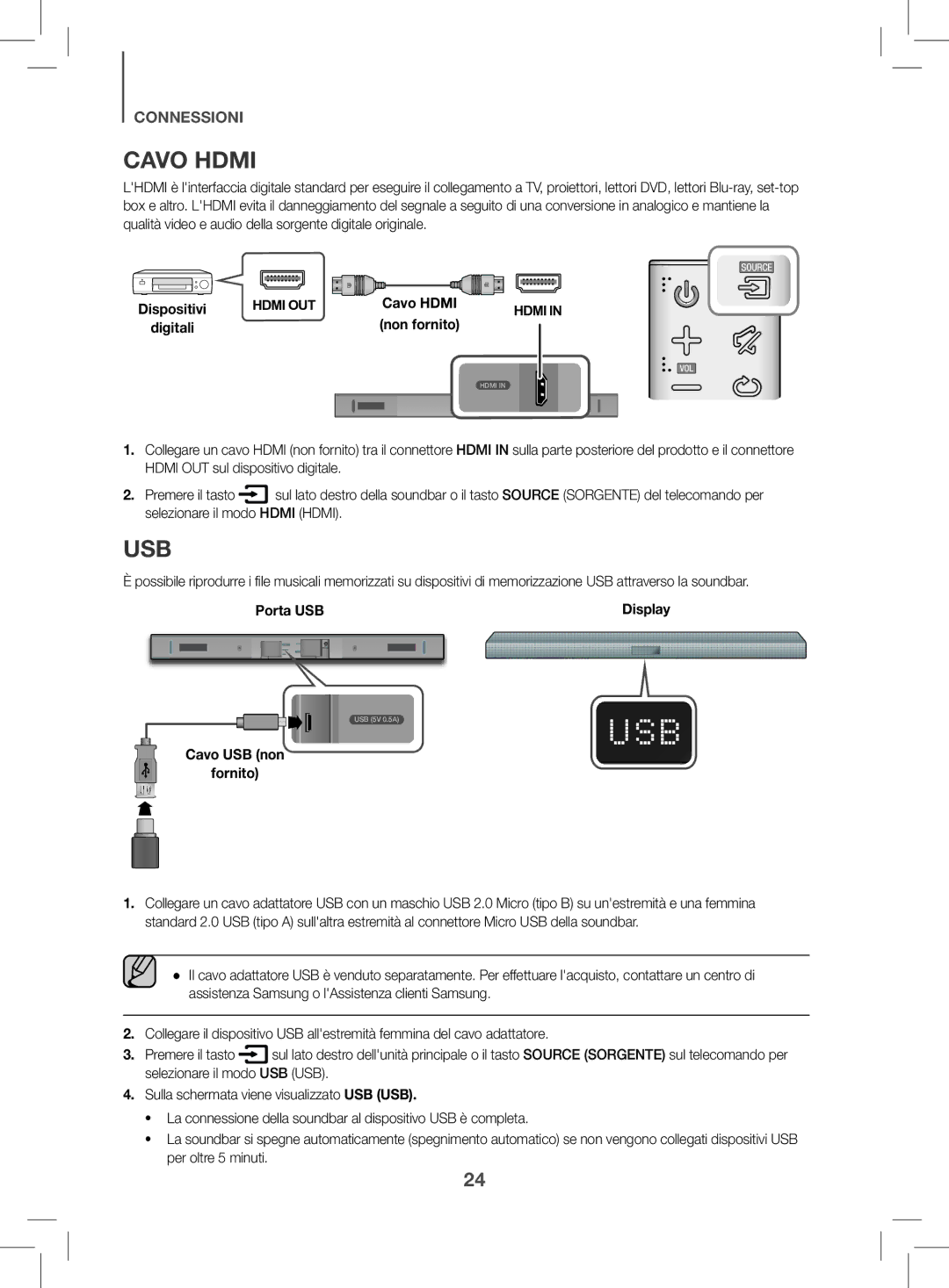 Samsung HW-K470/EN manual Cavo Hdmi, Usb, Porta USB, Cavo USB non Fornito 