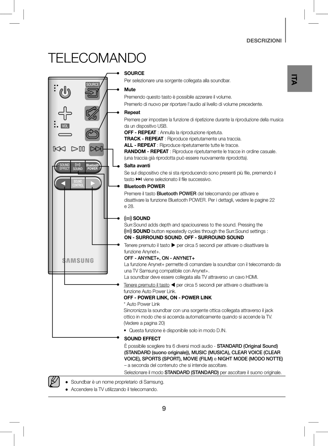 Samsung HW-K470/EN manual Telecomando, Mute, Repeat, Salta avanti, Bluetooth Power 