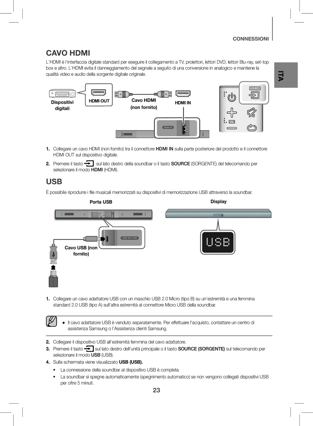 Samsung HW-K470/EN manual Cavo Hdmi, Usb, Porta USB, Cavo USB non Fornito 