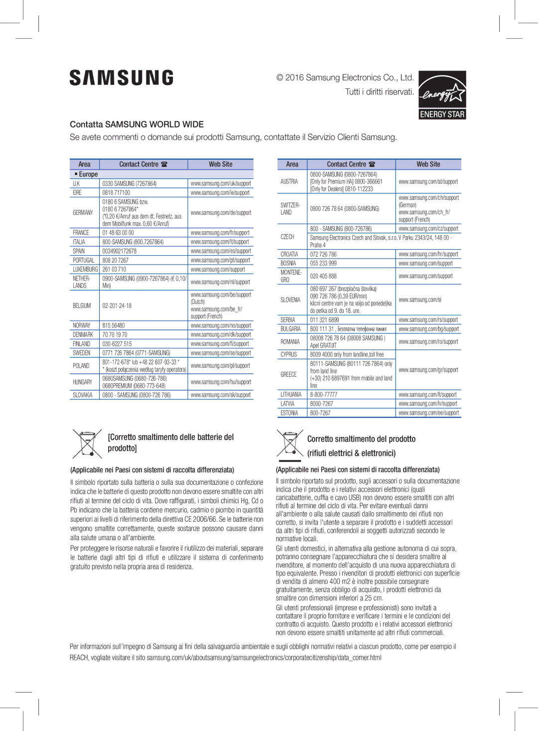 Samsung HW-K470/EN manual Corretto smaltimento delle batterie del prodotto 