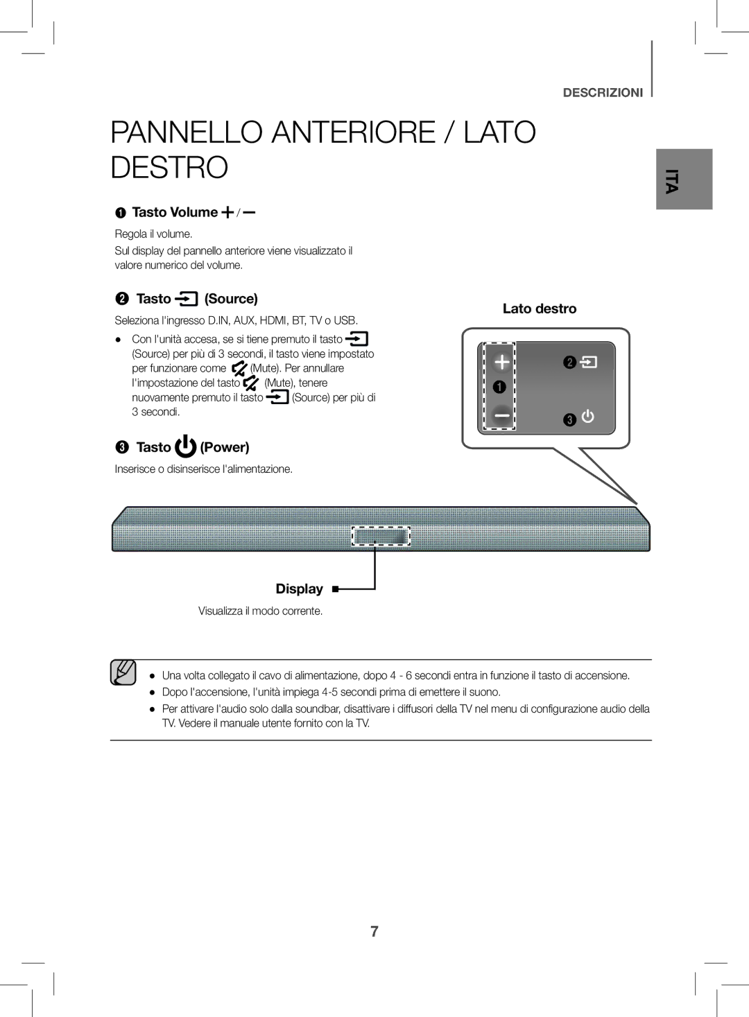 Samsung HW-K470/EN manual Pannello Anteriore / Lato Destro 