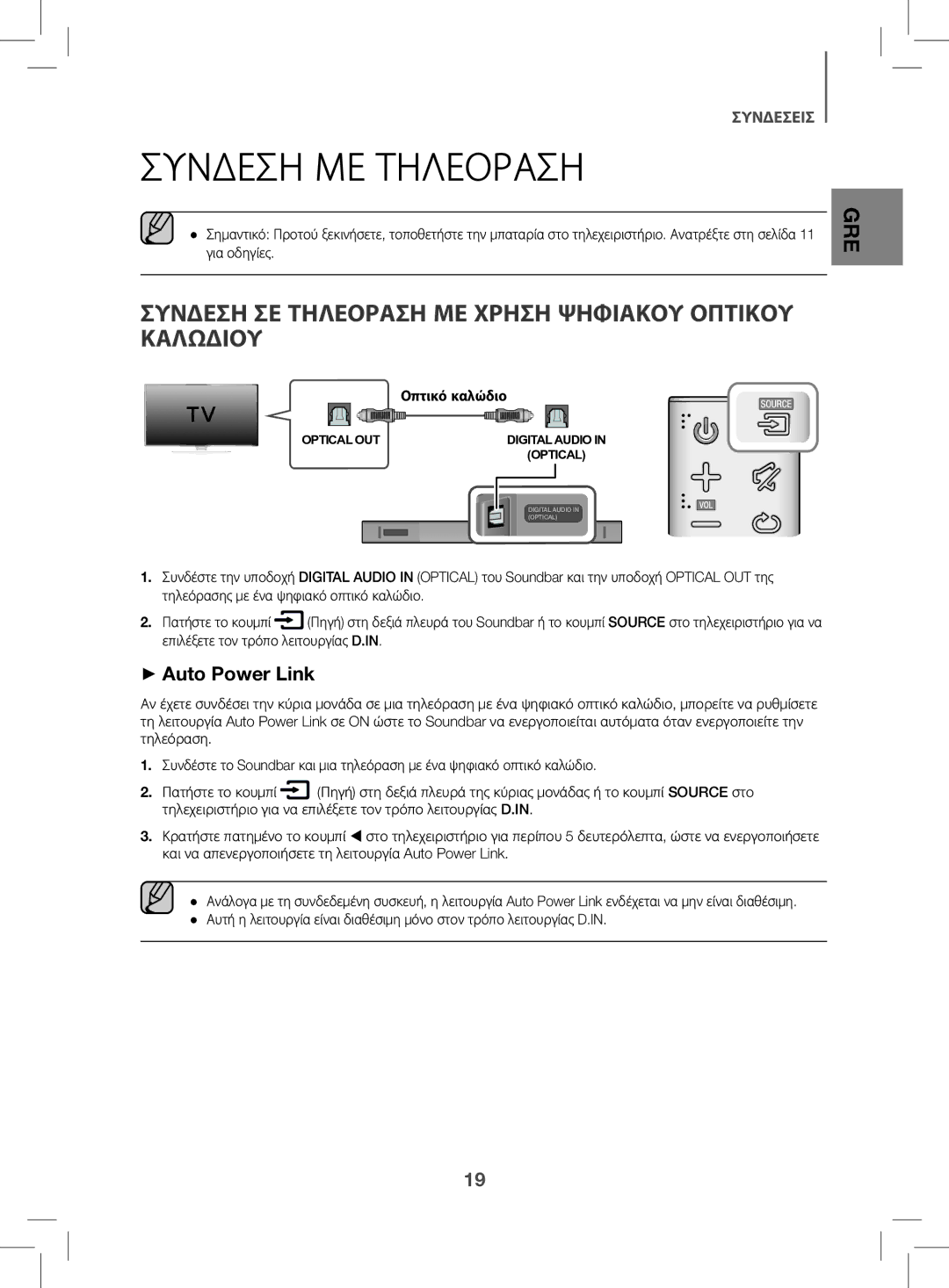 Samsung HW-K470/EN manual Συνδεση ΜΕ Τηλεοραση, Συνδεση ΣΕ Τηλεοραση ΜΕ Χρηση Ψηφιακου Οπτικου Καλωδιου, ++Auto Power Link 