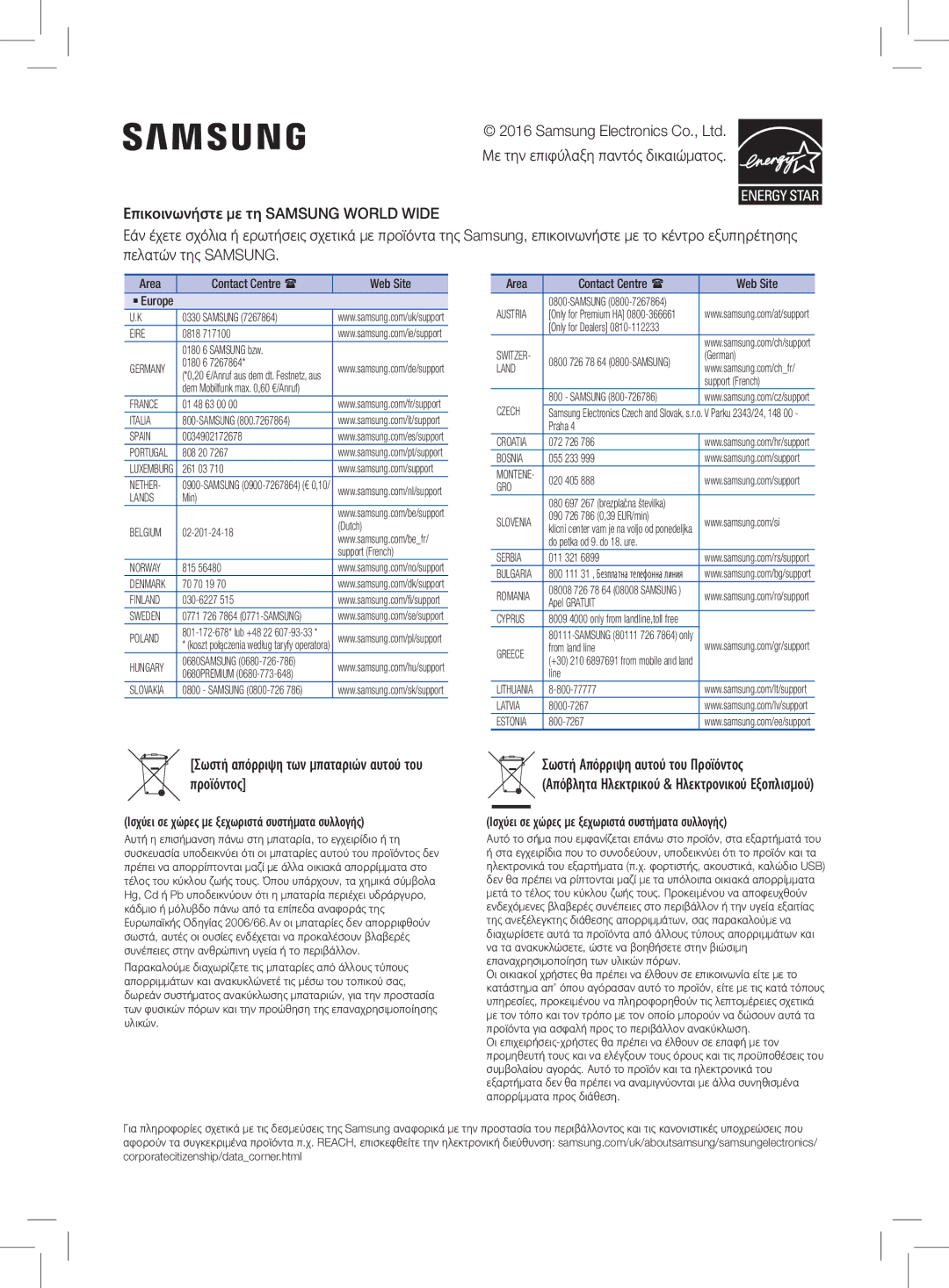 Samsung HW-K470/EN manual Σωστή απόρριψη των μπαταριών αυτού του, Area Contact Centre  Web Site 