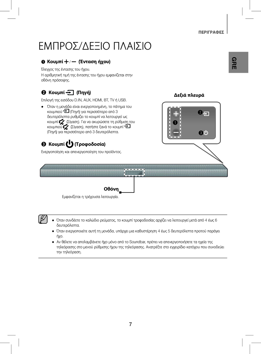 Samsung HW-K470/EN manual ΕΜΠΡΟΣ/ΔΕΞΙΟ Πλαισιο, Επιλογή της εισόδου D.IN, AUX, HDMI, BT, TV ή USB, Κουμπί 