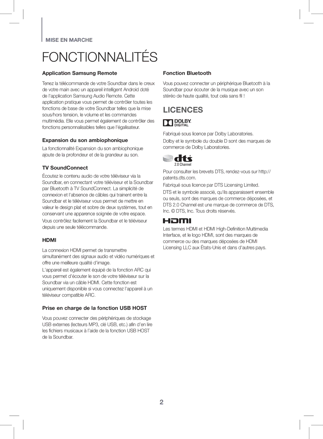 Samsung HW-K470/ZF manual Fonctionnalités, Licences 