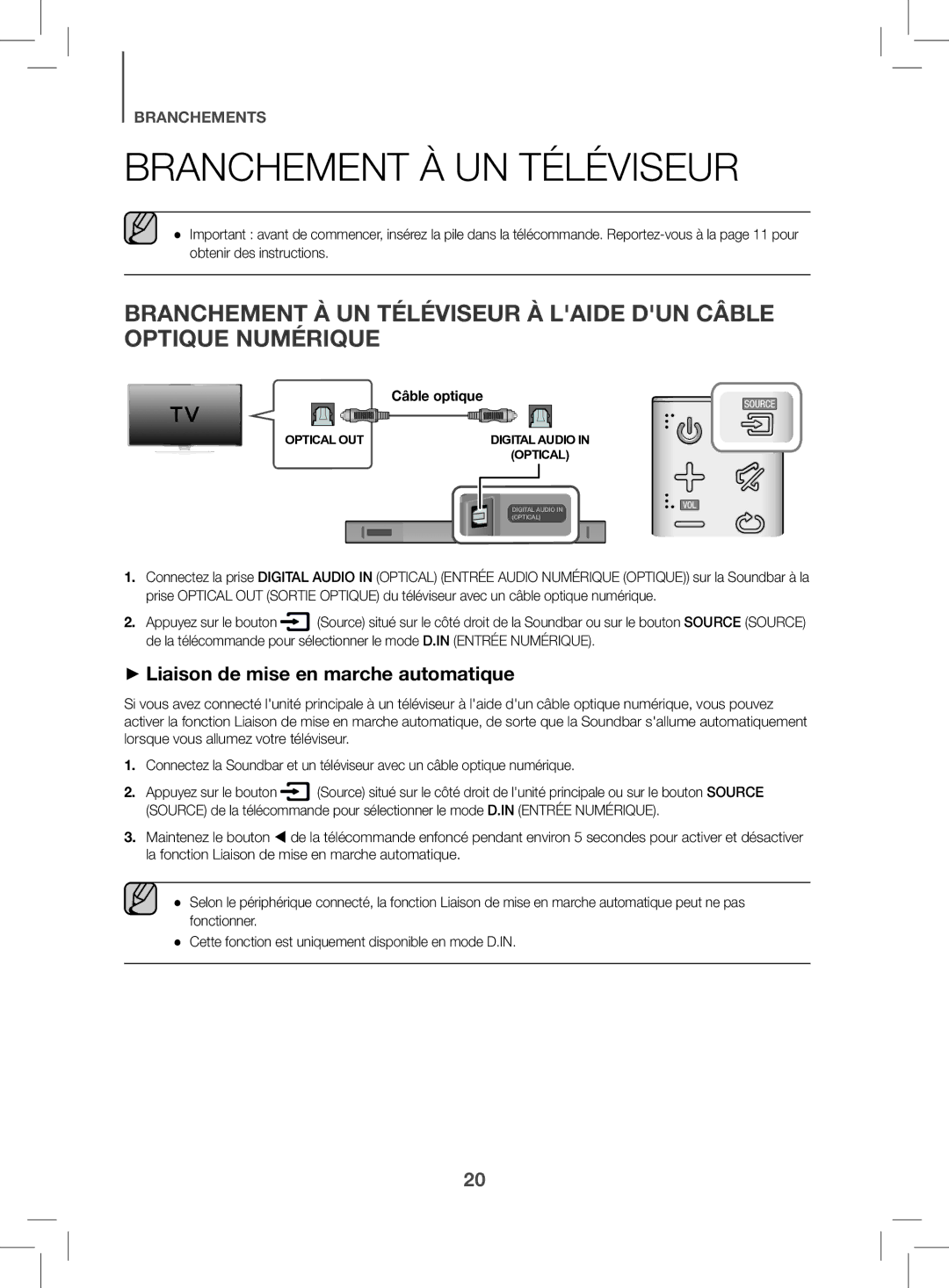 Samsung HW-K470/ZF manual Branchement À UN Téléviseur, ++Liaison de mise en marche automatique, Câble optique 