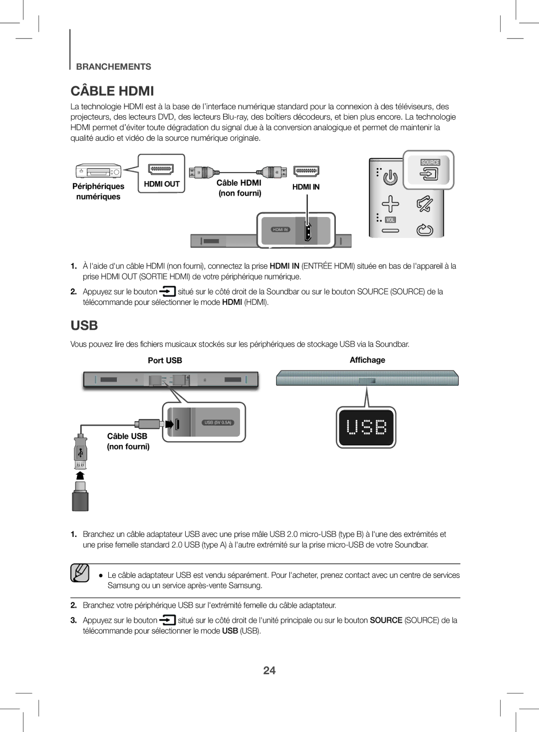 Samsung HW-K470/ZF manual Câble Hdmi, Usb, Non fourni, Port USB, Câble USB non fourni 