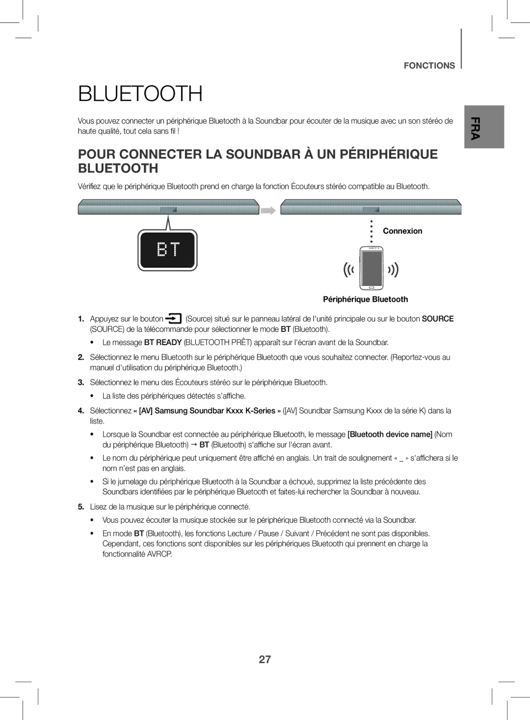 Samsung HW-K470/ZF manual Pour Connecter LA Soundbar À UN Périphérique Bluetooth 