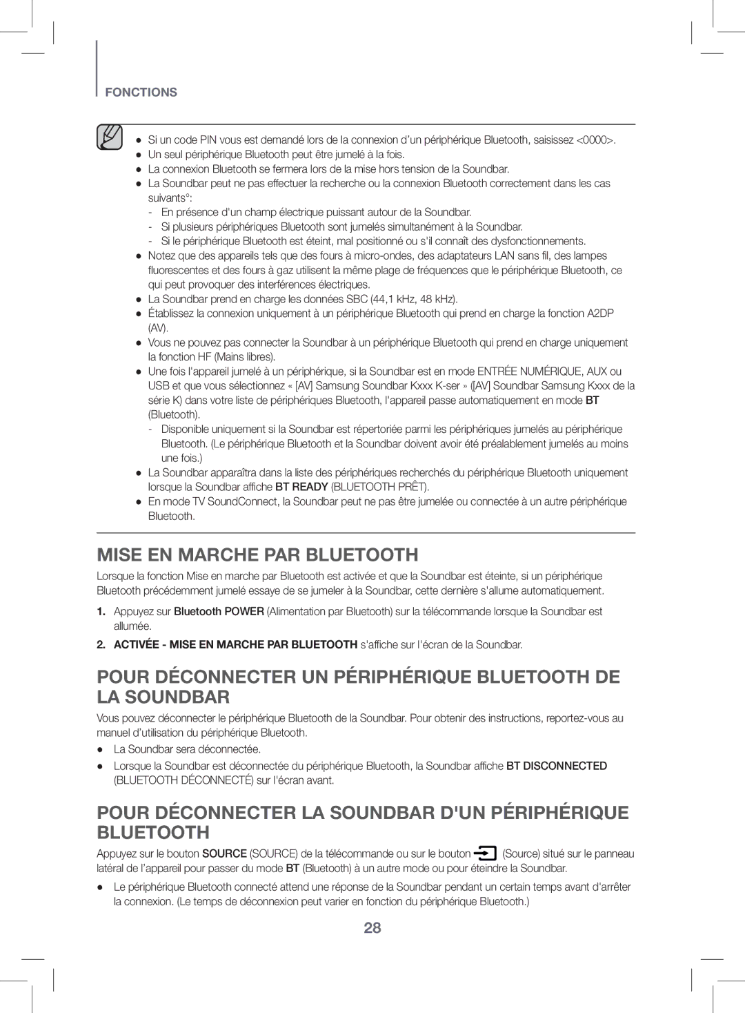 Samsung HW-K470/ZF manual Mise EN Marche PAR Bluetooth, Pour Déconnecter UN Périphérique Bluetooth DE LA Soundbar 