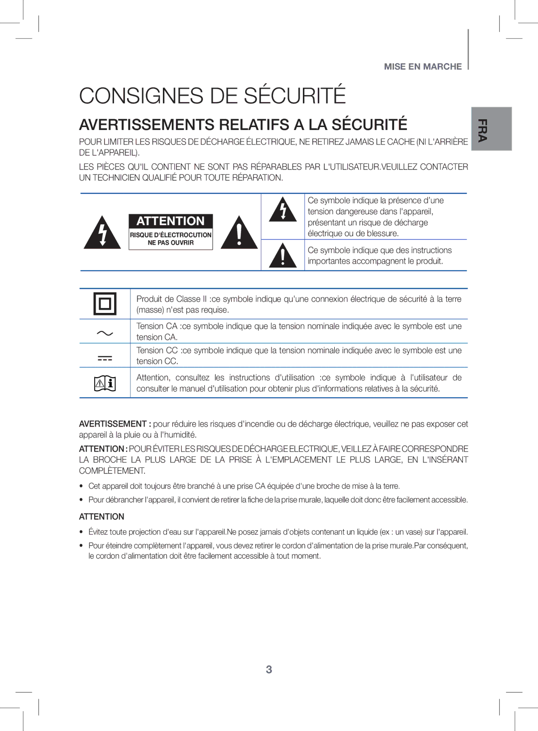 Samsung HW-K470/ZF manual Consignes DE Sécurité, Avertissements Relatifs a LA Sécurité 