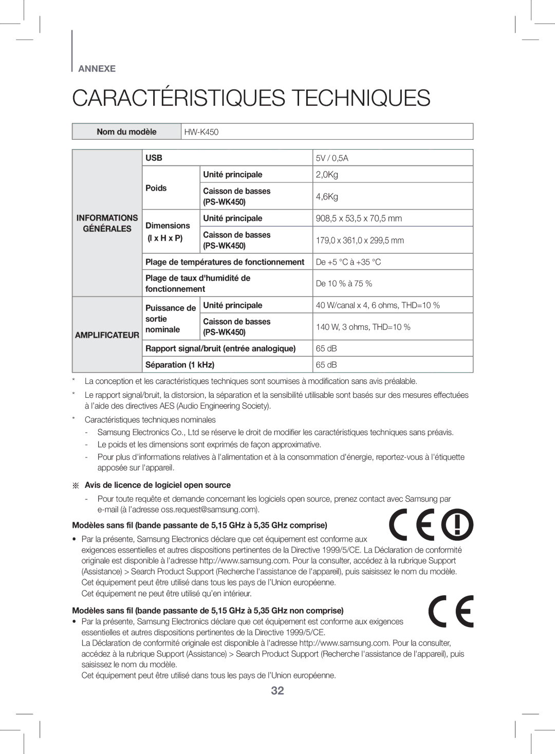 Samsung HW-K470/ZF manual Caractéristiques Techniques 