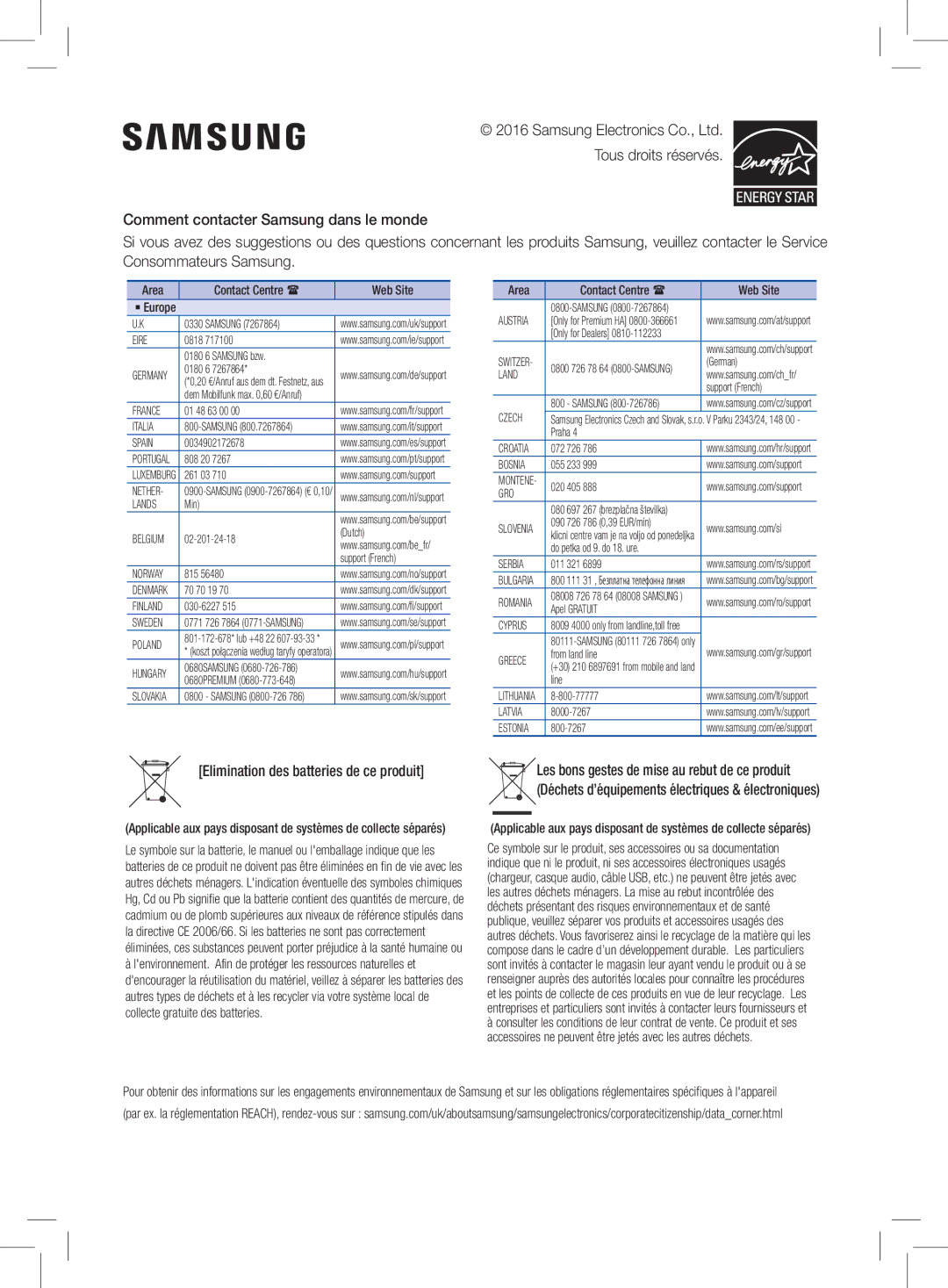 Samsung HW-K470/ZF manual Elimination des batteries de ce produit 