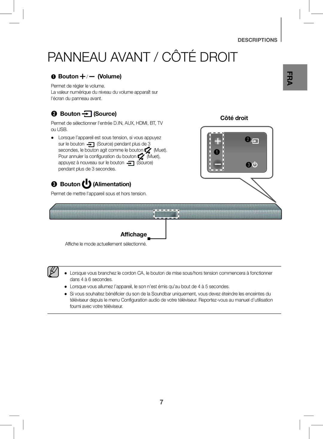 Samsung HW-K470/ZF manual Panneau Avant / Côté Droit, Bouton / Volume 