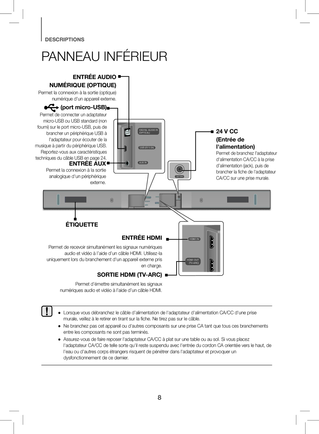 Samsung HW-K470/ZF manual Panneau Inférieur, Entrée Audio Numérique Optique 