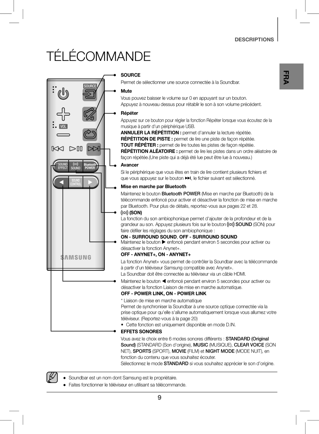 Samsung HW-K470/ZF manual Télécommande, Mute, Répéter, Avancer, Mise en marche par Bluetooth 