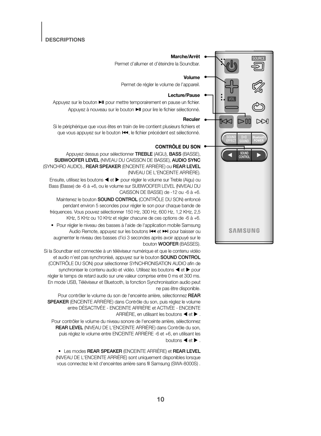 Samsung HW-K470/ZF manual Marche/Arrêt, Permet d’allumer et d’éteindre la Soundbar 