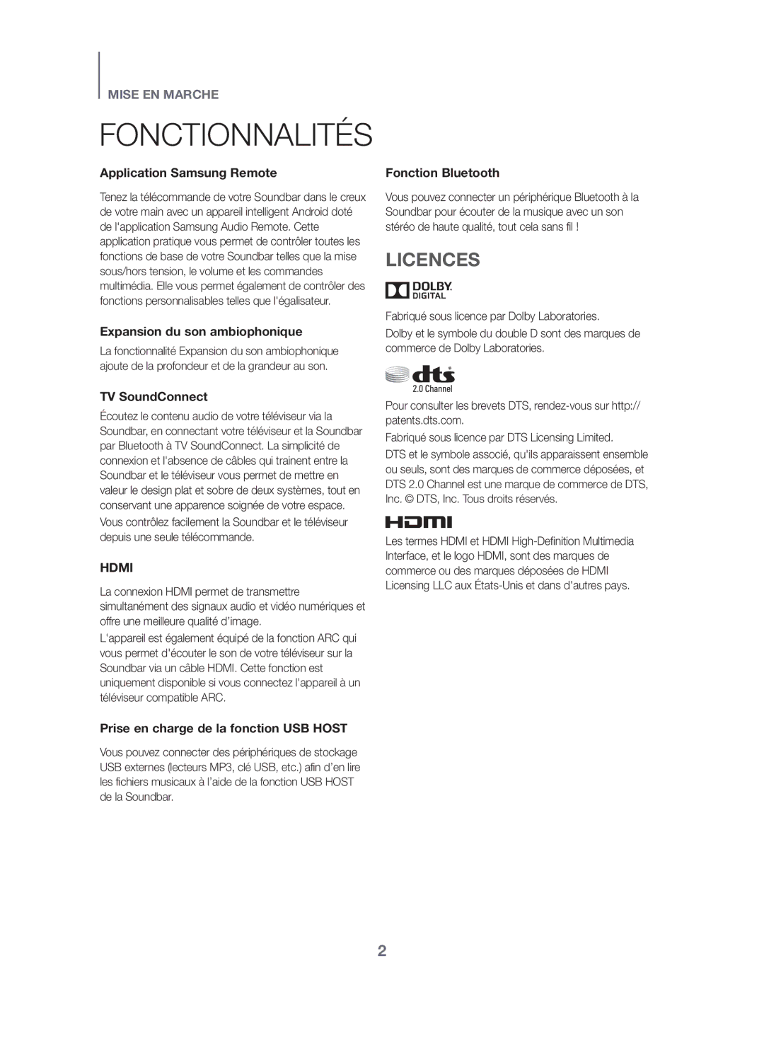 Samsung HW-K470/ZF manual Fonctionnalités, Licences 