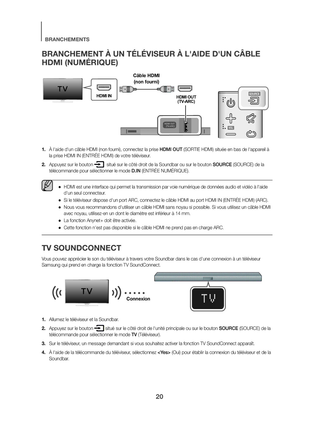 Samsung HW-K470/ZF manual TV Soundconnect, Câble Hdmi non fourni, Connexion 