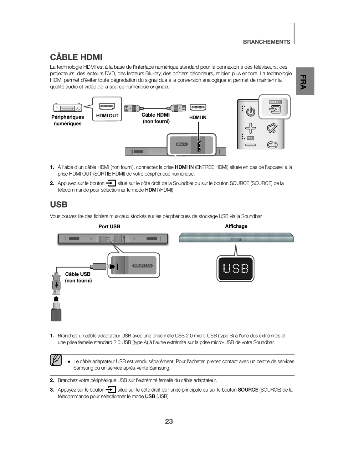 Samsung HW-K470/ZF manual Câble Hdmi, Usb, Non fourni, Port USB, Câble USB non fourni 