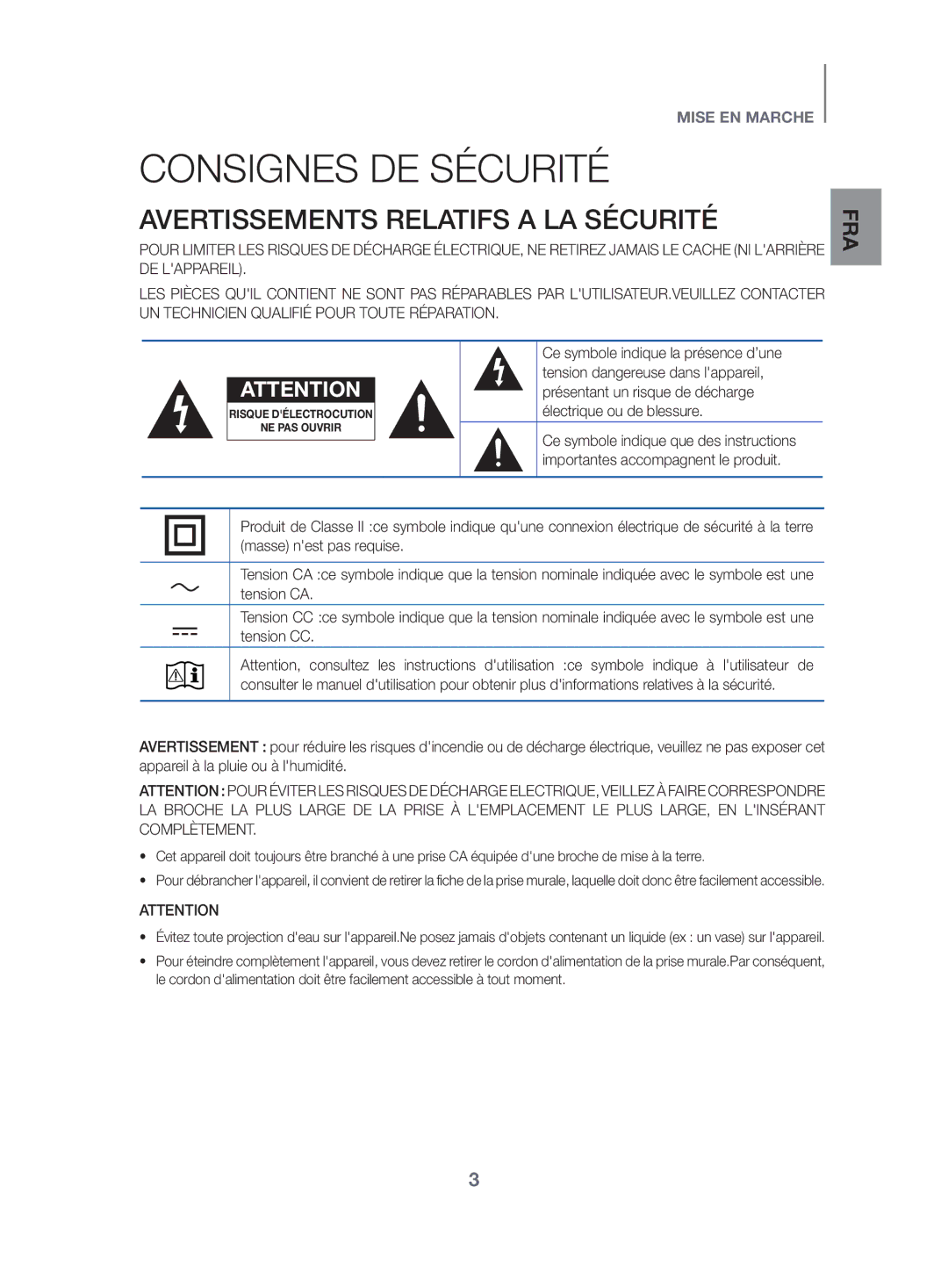 Samsung HW-K470/ZF manual Consignes DE Sécurité, Avertissements Relatifs a LA Sécurité 