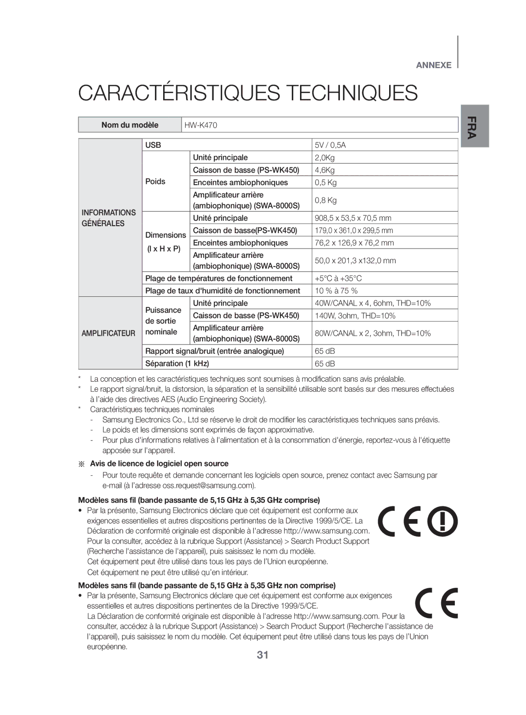 Samsung HW-K470/ZF manual Caractéristiques Techniques, Nom du modèle, Aa Avis de licence de logiciel open source 