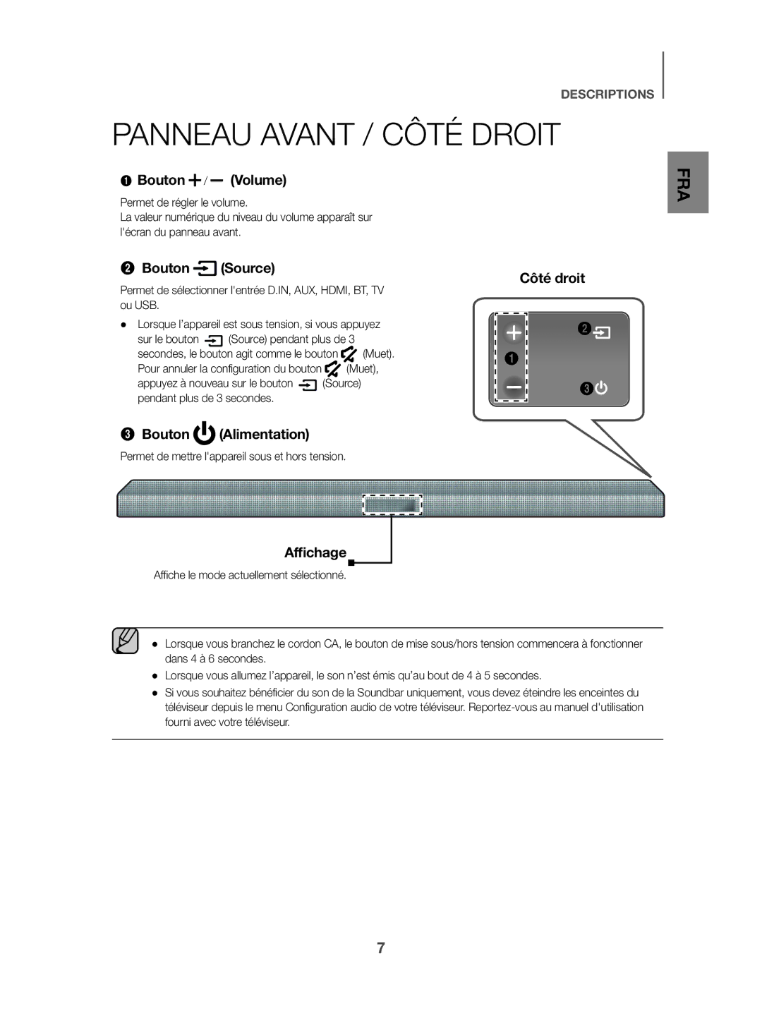 Samsung HW-K470/ZF manual Panneau Avant / Côté Droit, Bouton / Volume 