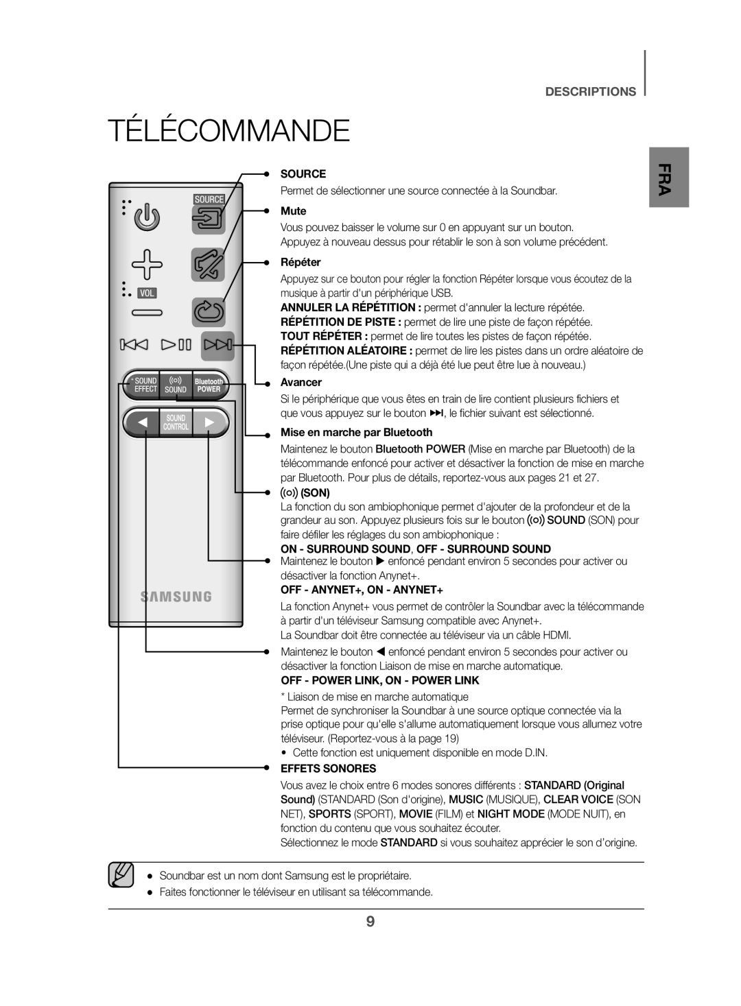 Samsung HW-K470/ZF manual Télécommande, Mute, Répéter, Avancer, Mise en marche par Bluetooth 