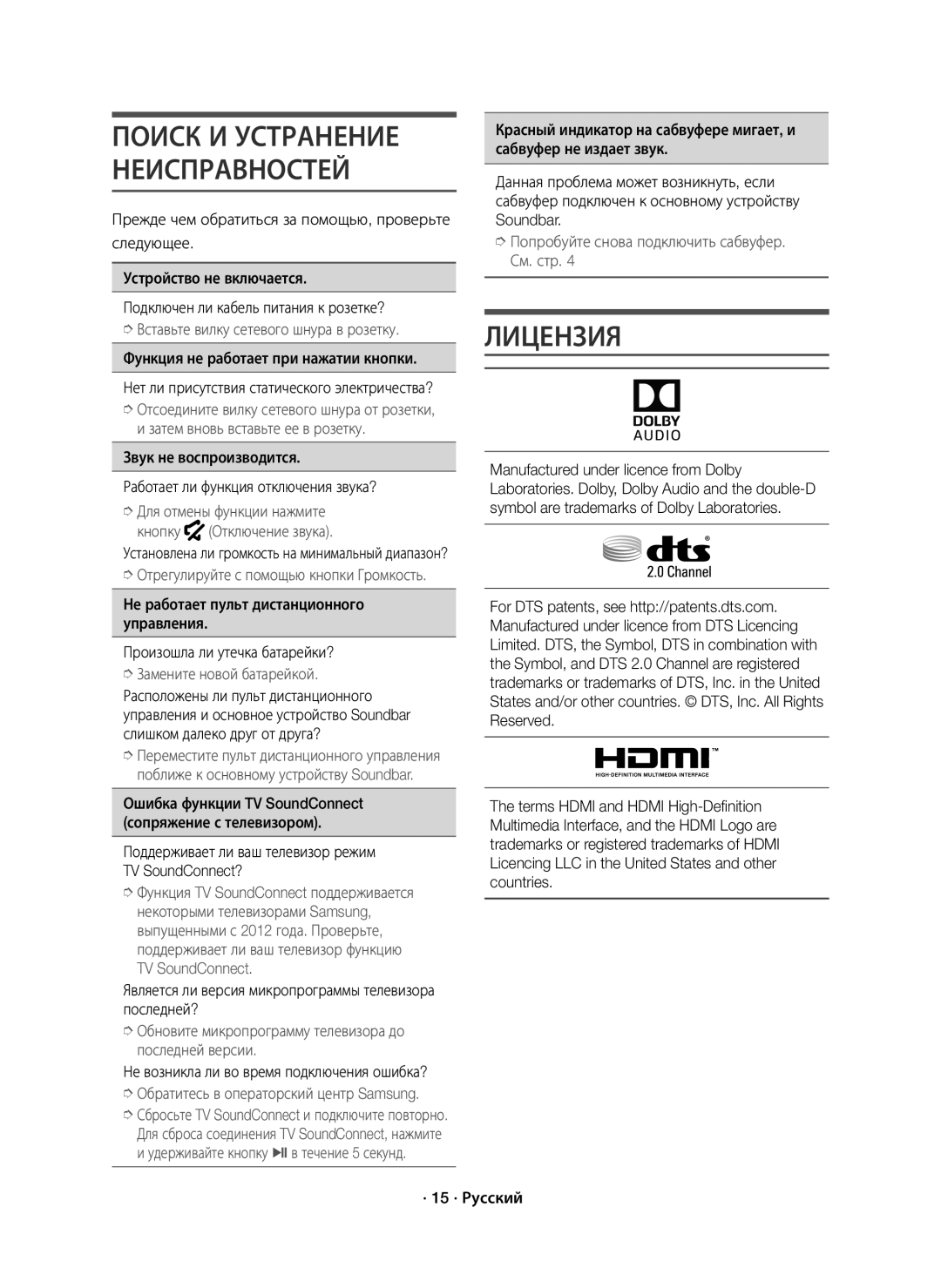 Samsung HW-K550/RU manual Лицензия, Поиск И Устранение Неисправностей, Функция не работает при нажатии кнопки 