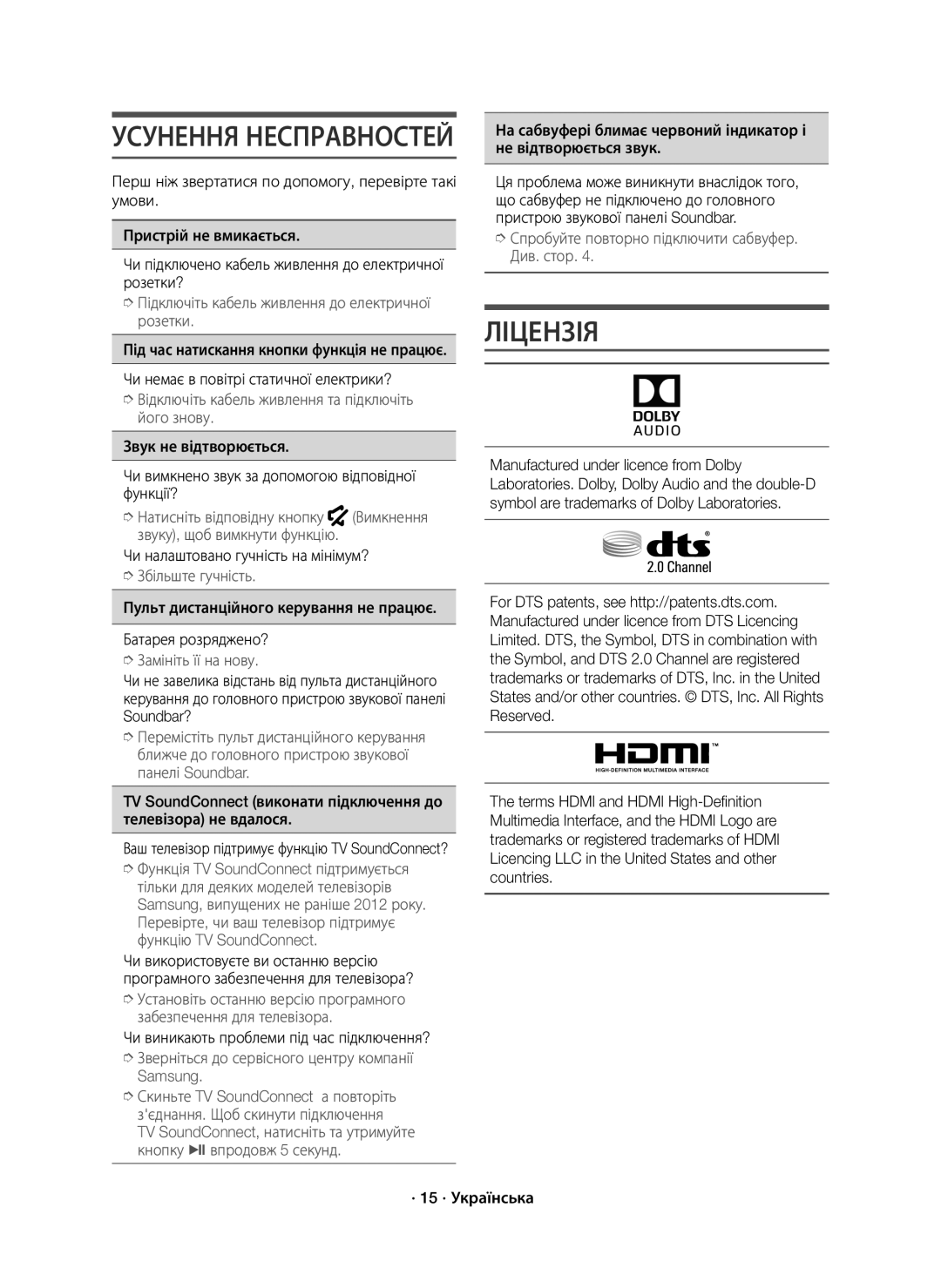 Samsung HW-K550/RU manual Ліцензія, Усунення Несправностей, Чи налаштовано гучність на мінімум? 