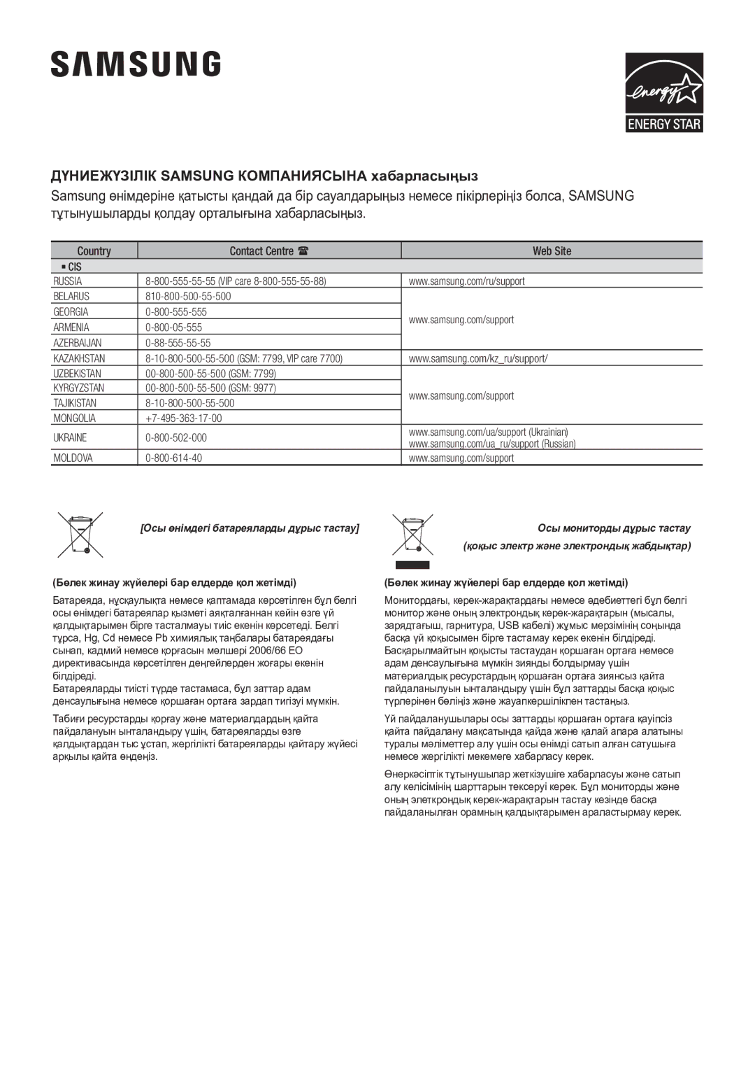 Samsung HW-K550/RU manual Дүниежүзілік Samsung Компаниясына хабарласыңыз 