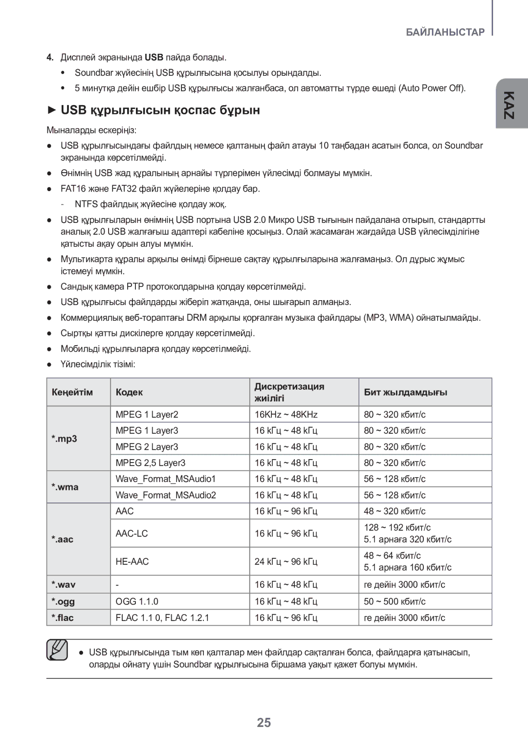 Samsung HW-K550/RU manual ++USB құрылғысын қоспас бұрын, Кеңейтім Кодек Дискретизация Бит жылдамдығы Жиілігі 